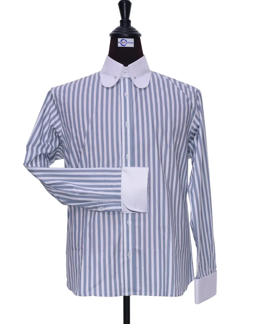 Penny Pin Collar Shirt - Grey And White Stripe Shirt