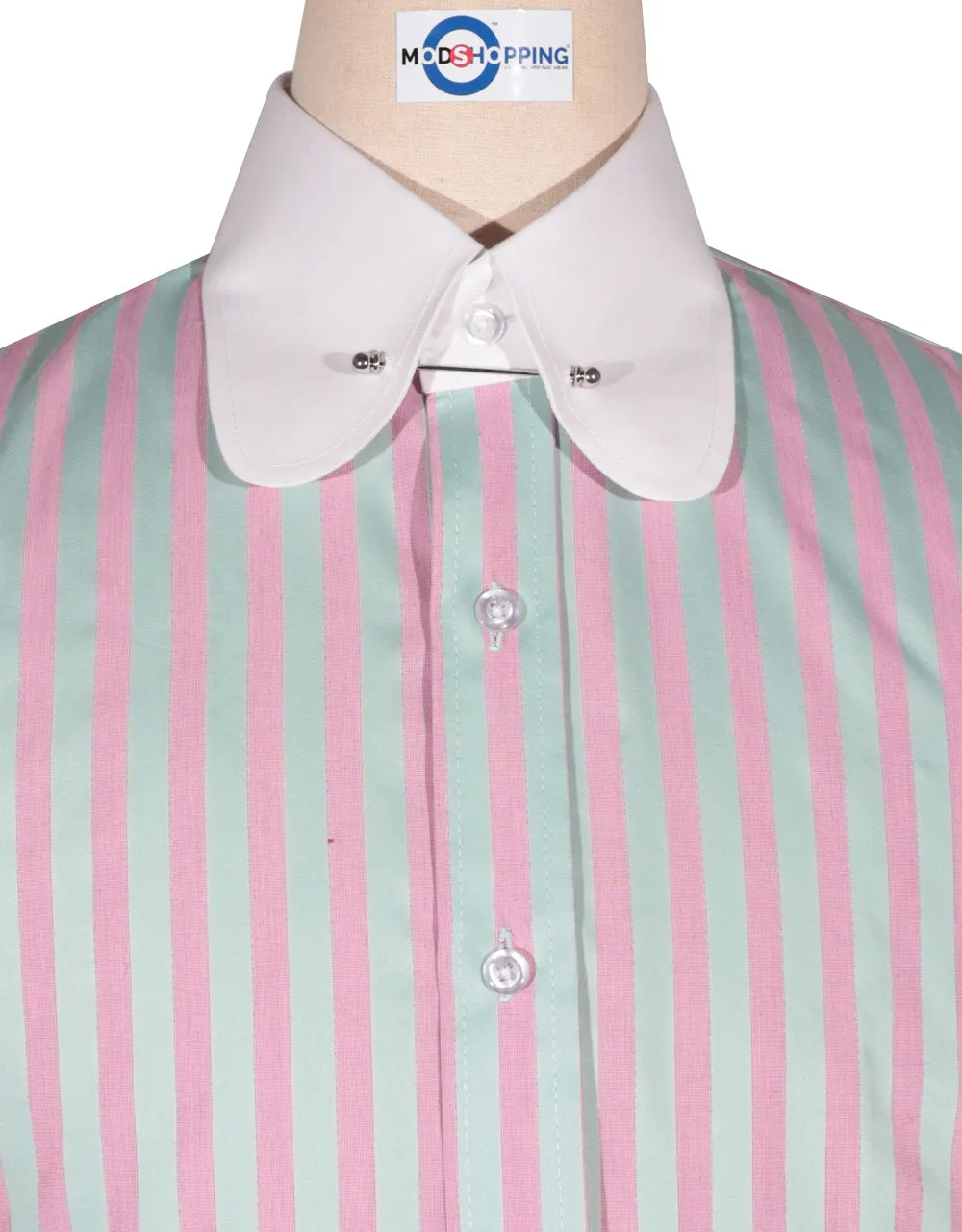 Penny Pin Collar Shirt - Pink and Green  Stripe Shirt