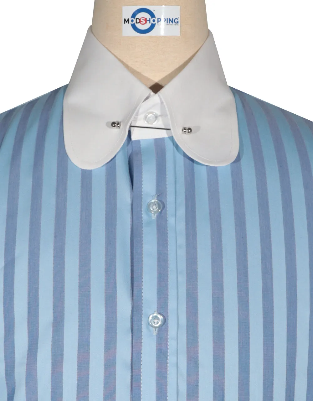 Penny Pin Collar Shirt - Sky Blue and Navy Blue  Stripe Shirt