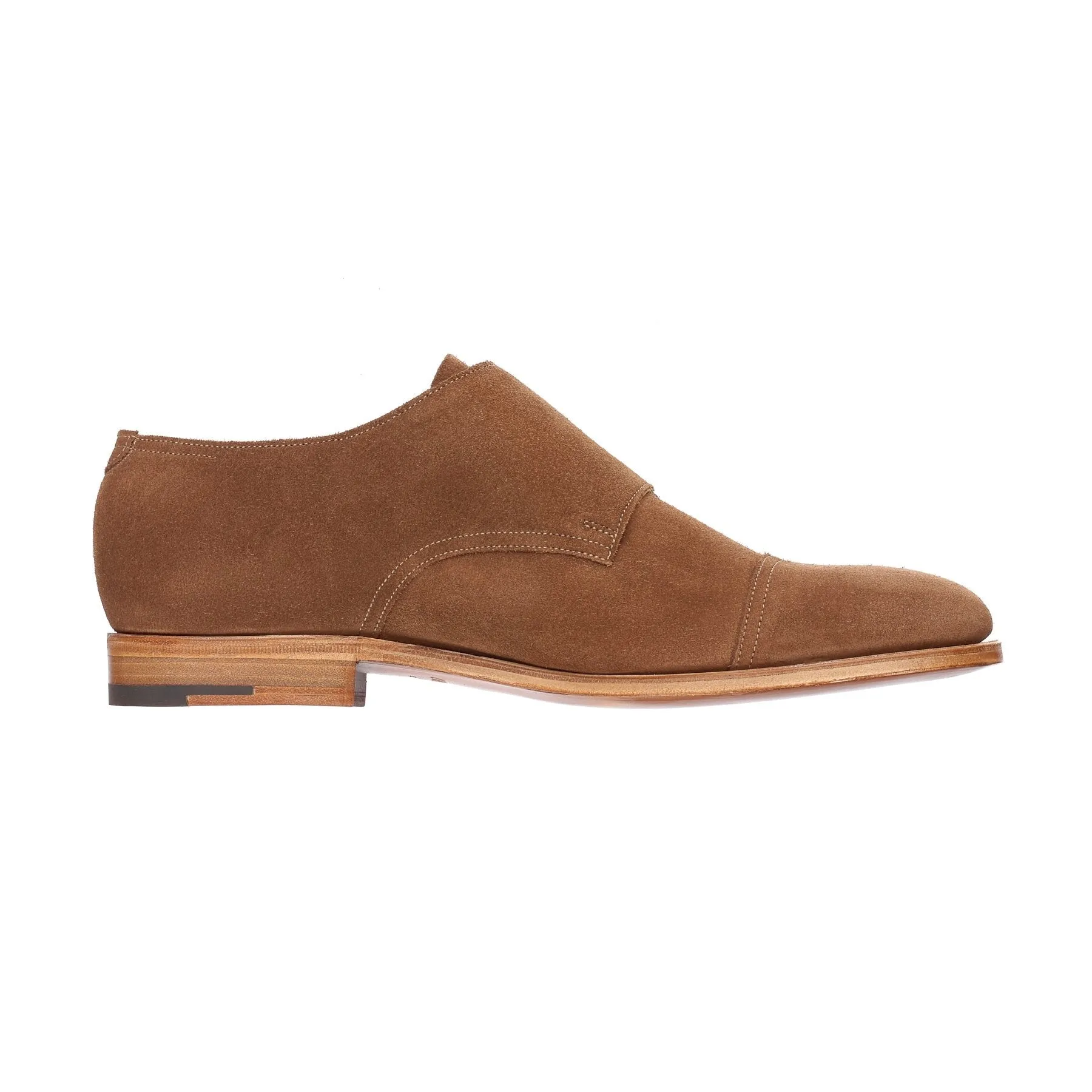 "William" Suede Double-Monk Shoes with Hand-Stitched Cap Toe in Light Brown