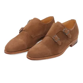 "William" Suede Double-Monk Shoes with Hand-Stitched Cap Toe in Light Brown