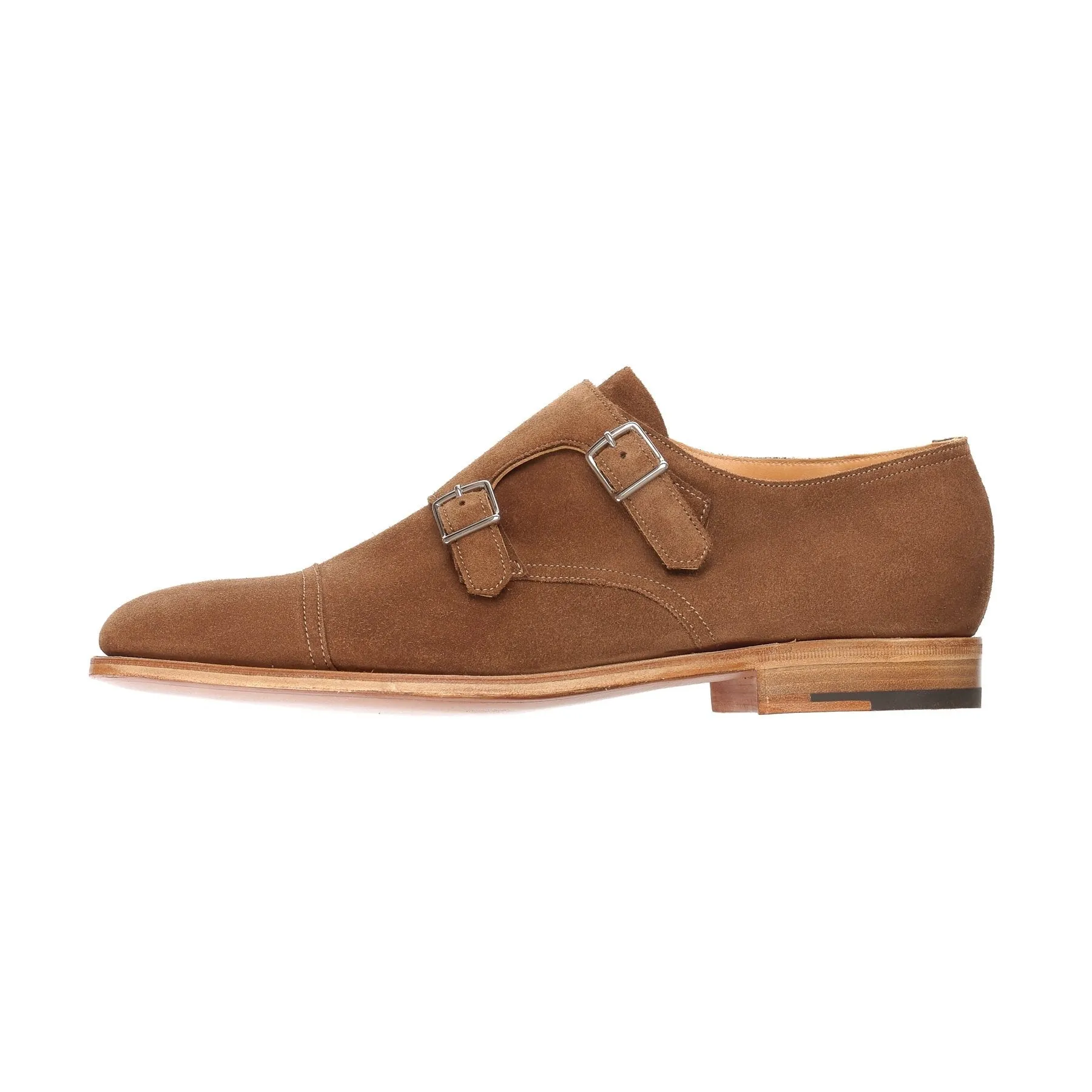 "William" Suede Double-Monk Shoes with Hand-Stitched Cap Toe in Light Brown