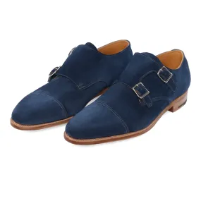 "William" Suede Double-Monk Shoes with Hand-Stitched Cap Toe in Royal Blue