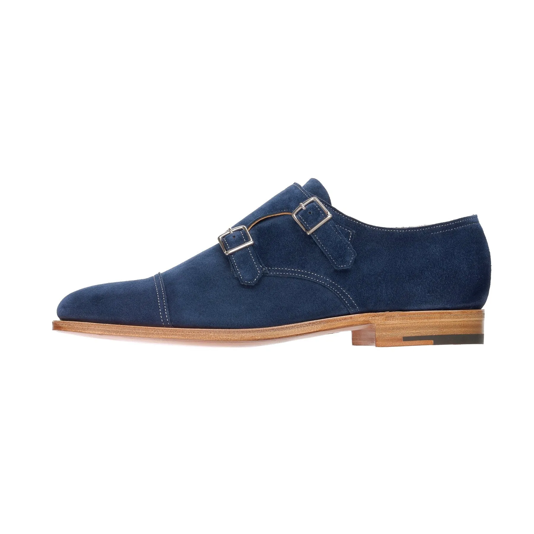 "William" Suede Double-Monk Shoes with Hand-Stitched Cap Toe in Royal Blue