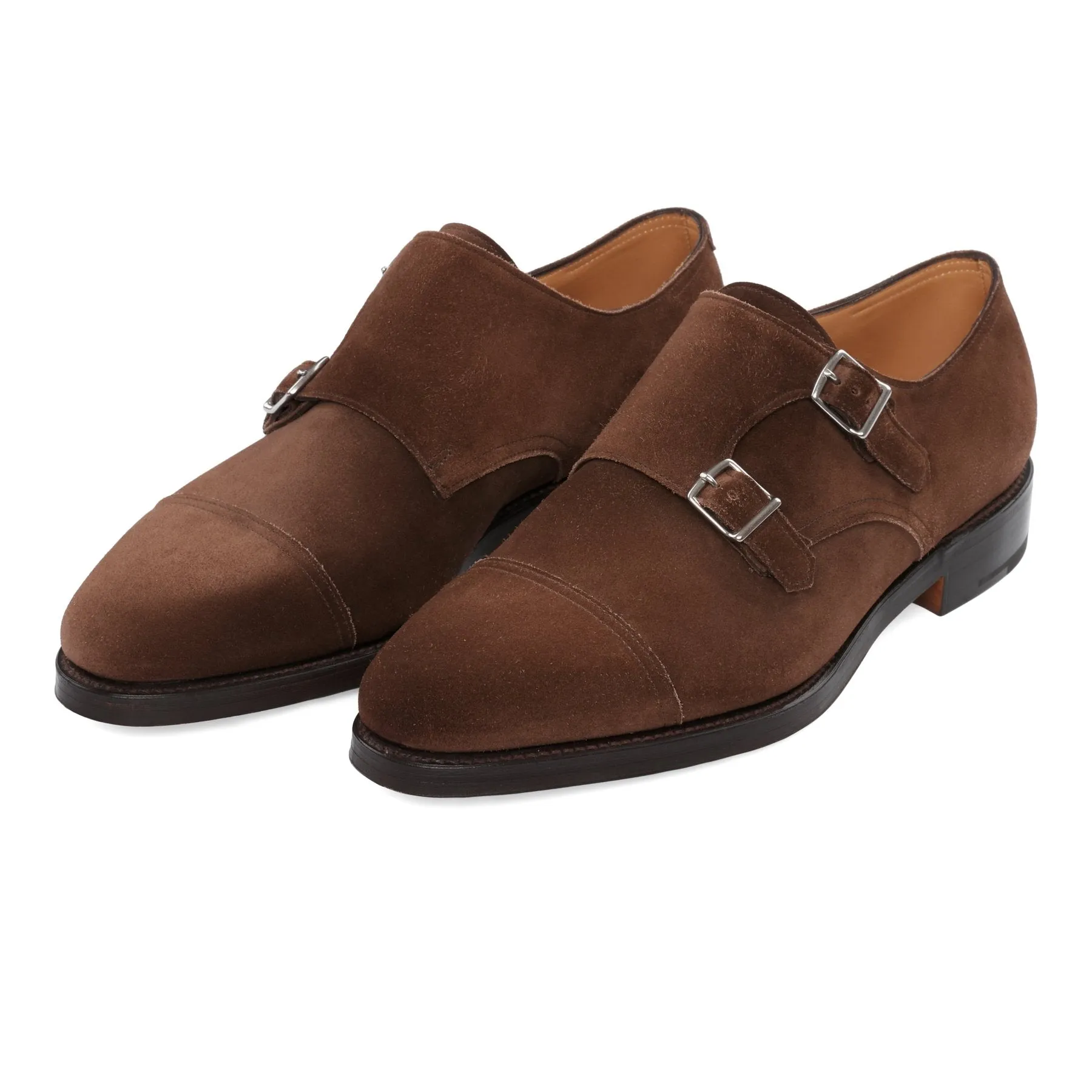 "William" Suede Double Monk with Hand-Stitched Cap Toe in Dark Brown