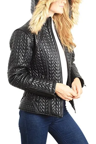 REED Women's Designer Coat with Zip Out Hooded Faux Fur Leather Jacket - Imported