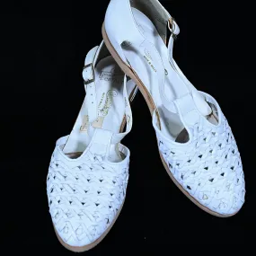 SOLD Vintage 60s/70s White Leather T Strap Shoes, Fisherman Style SZ 9