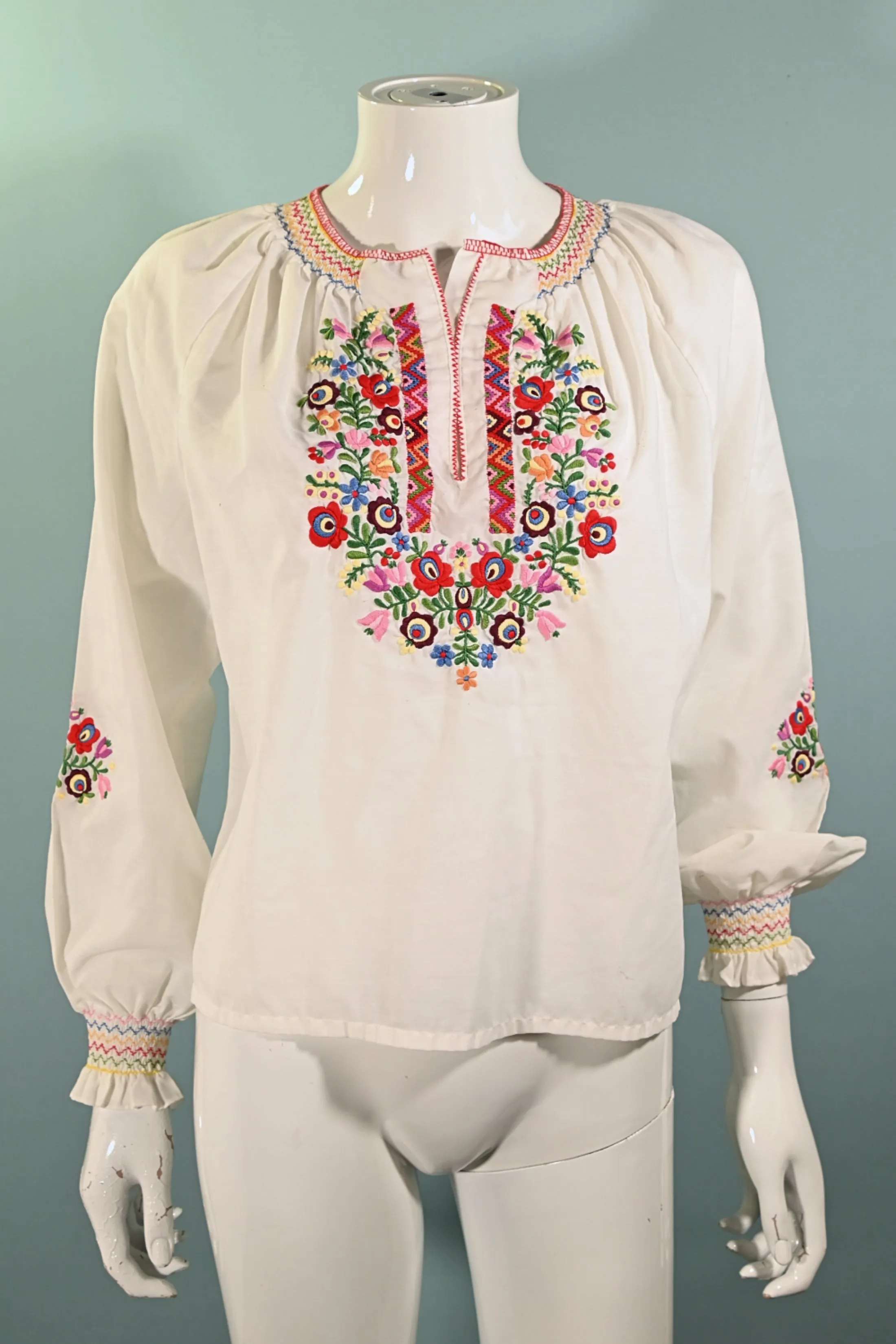 SOLD Vintage Embroidered Penny Lane Peasant Blouse, Smocked Hippie Top 38