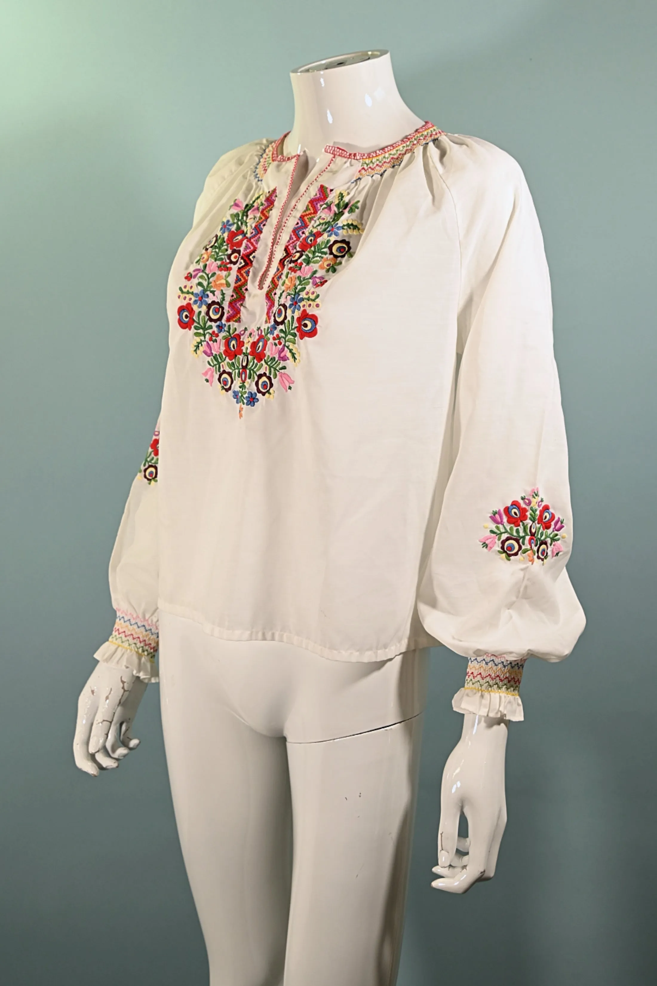 SOLD Vintage Embroidered Penny Lane Peasant Blouse, Smocked Hippie Top 38