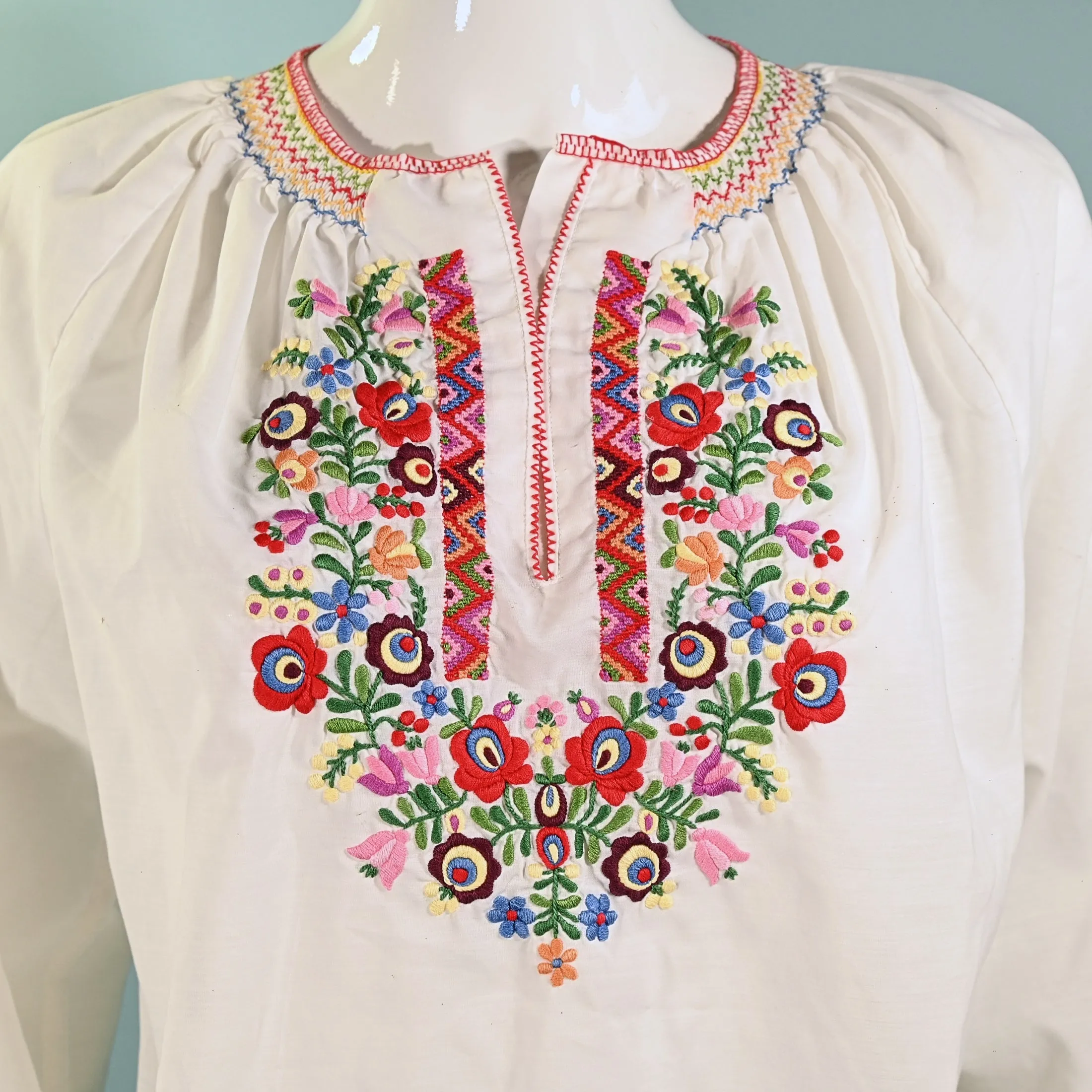 SOLD Vintage Embroidered Penny Lane Peasant Blouse, Smocked Hippie Top 38