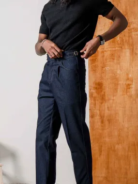 Tapered Fit Jeans With Side Adjusters - Navy Blue Cuffed