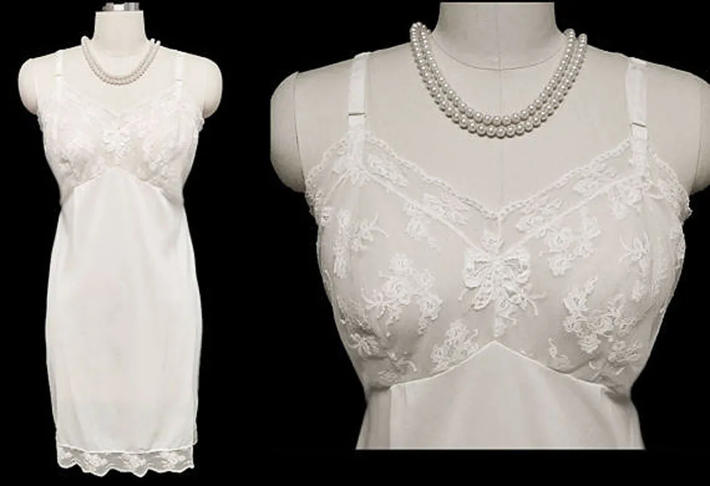 *VINTAGE '60s ARISTOCRAFT BY SUPERIOR SLIP DRIPPING WITH LACE AND SATIN BOW APPLIQUE