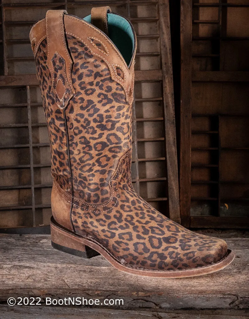 Women's Sanded Leopard Print Overlay Square Toe Western Boots C3788