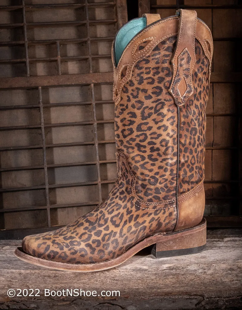 Women's Sanded Leopard Print Overlay Square Toe Western Boots C3788